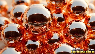Polished copper spheres pile together, reflecting bright white highlights