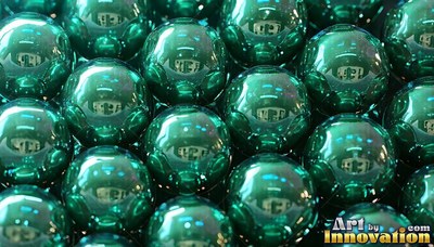 Tightly packed together in a box, shiny green ball bearings reflect bright light