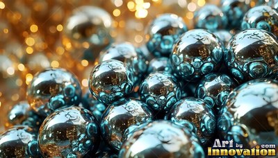 Shiny blue metal balls piled up in front of blurry golden lights
