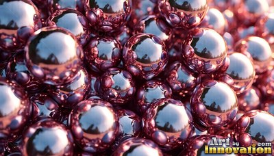 In bright daylight, a pile of shiny purple chrome balls reflect the sky