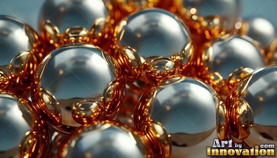 Polished silver spheres held in shiny gold rings