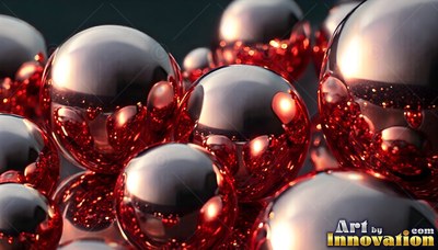 Shiny chrome spheres reflecting deep red light cluster together on a dark surface