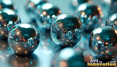 Shiny metal spheres rest on a flat surface reflecting cool blue tones