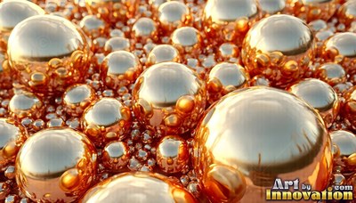 Piled close together on a flat surface, shiny copper spheres reflect bright light
