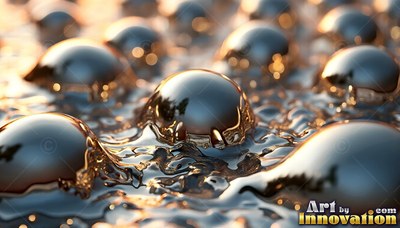 Shiny metal spheres rise out of a rippling liquid pool in warm sunlight