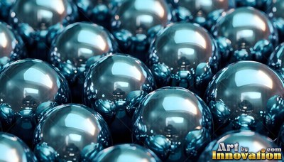 In a dark space, rows of polished blue steel balls reflect bright light