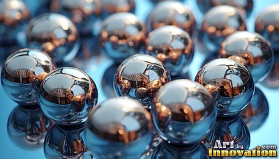 Resting on blue glass, shiny chrome ball bearings reflect warm orange light
