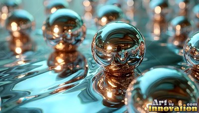 Reflective copper surfaces on shiny metal spheres resting in rippling teal liquid