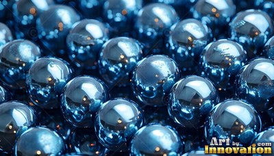 Tightly packed in diagonal rows, shiny blue steel balls reflect light