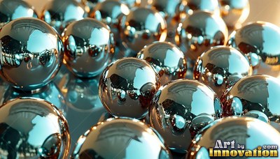 Shiny chrome ball bearings clustered closely together under bright teal and warm light