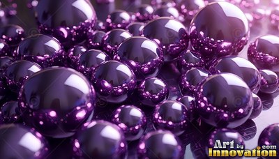 On a reflective dark surface, polished purple metal spheres gather together