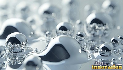 Resting on a pale surface, liquid mercury forms smooth silver beads and pools