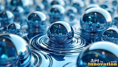 Shiny chrome spheres resting in ripples of blue liquid