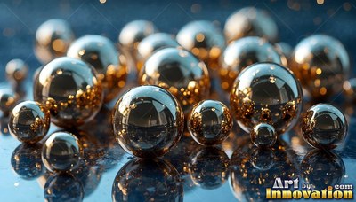 Polished gold ball bearings rest on a dark reflective surface with warm bokeh lights