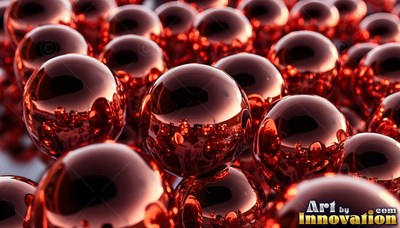 Pol ished metal spheres pile together, reflecting soft white light across glossy red surfaces