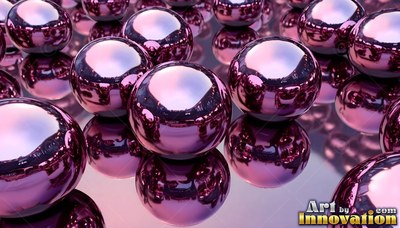 Tilted close up on shiny purple metal spheres resting on a smooth surface