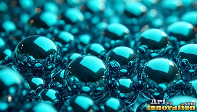 Shiny turquoise metal ball bearings piled close together under bright light