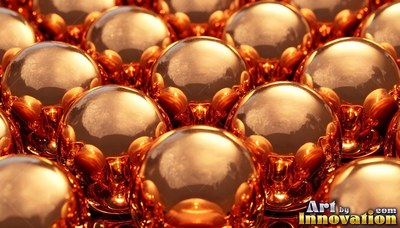 In a warm studio light, polished copper spheres rest closely together in rows