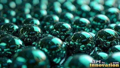 Reflecting bright light, shiny green metal spheres sit packed together in soft focus