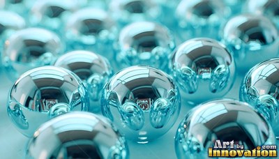 Shiny light blue metal spheres packed together