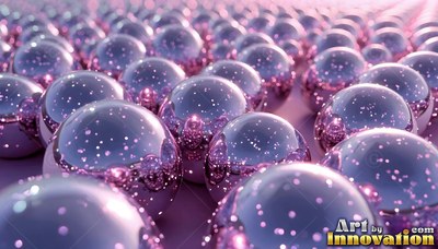 Speckled shiny surfaces of purple metallic spheres arranged in rows on a flat plane