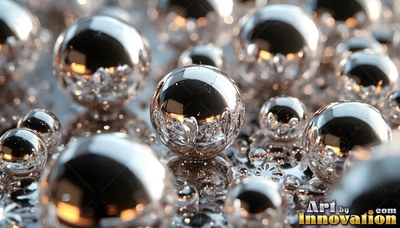 Shiny metal spheres rest on a wet surface, catching warm indoor reflections