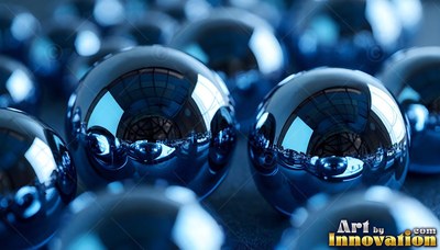 Close up from a low angle of shiny blue steel ball bearings resting together