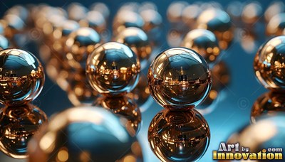 Shiny brass ball bearings sit on a dark reflective blue surface
