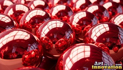 In bright white light, glossy red metal spheres reflect window panes