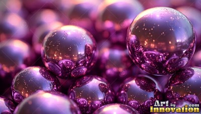Piled in soft light, shiny purple metallic spheres reflect small bright specks