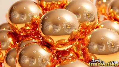 Reflective surfaces on copper spheres piled together under soft bright studio light
