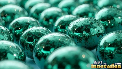Green metal spheres sit in neat rows, reflecting bright white light on shiny surfaces