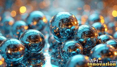 Resting close together on a wet surface, shiny steel balls reflect warm lights