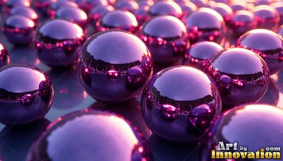 Shiny purple metal spheres rest tightly together under soft light
