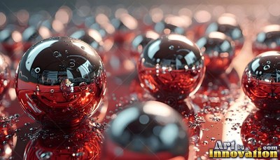 On a wet surface, shiny red and silver ball bearings sit in bright light