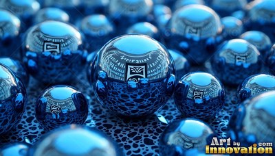 Reflecting bright light, shiny blue chrome spheres rest on a textured surface
