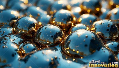 Gold and blue metallic spheres covered in water droplets