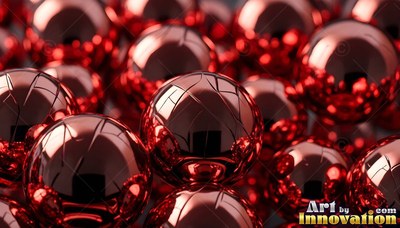 Shiny red surfaces reflect window light across a pile of round metallic spheres