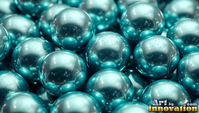 Piled tightly in a heap, shiny metallic teal spheres reflect white light