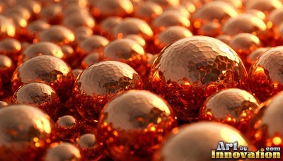 Shiny copper spheres with hammered metal surfaces sit in warm light