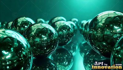 In a green lighted room, shiny chrome spheres sit on a smooth floor