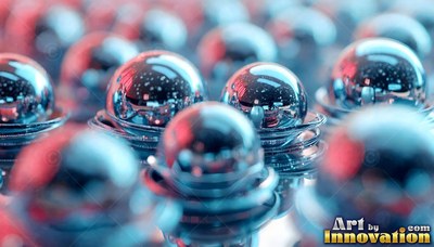 Reflecting red and blue light, polished chrome ball bearings sit in neat rows