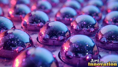 Rows of shiny purple and blue metal domes in soft light