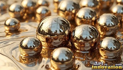 Reflective chrome surfaces define smooth metal spheres resting in melted gold under soft indoor light