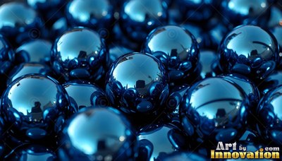 Blue metal marbles pile together while reflecting bright white highlights