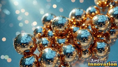 Clustered at an angle, shiny gold spheres rest on a blue surface