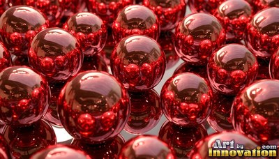 Shiny red metallic spheres gathered tightly together on a reflective surface