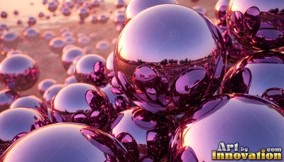 On a sunny shore, shiny purple spheres reflect the bright light