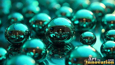 Reflective surfaces on teal metal ball bearings scattered across a dark tabletop
