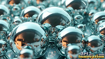 Chrome spheres cluster together, catching warm orange reflections on their silver curves